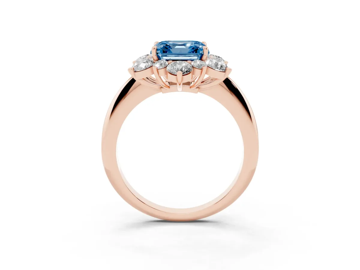 Fancy Blue Asscher Cut Diamond Cluster Halo Ring with Solitaire Band and Four-Prong Setting Rose gold