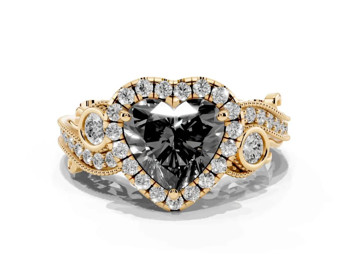 Fancy Black Heart Cut Halo Diamond Ring with Milgrain and Bezel Accents on a Split Shank Band Yellow gold