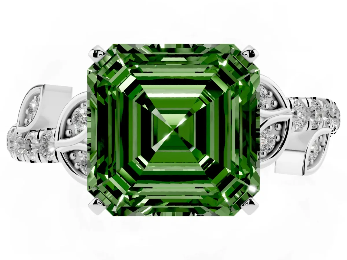 Fancy Green Asscher Cut Solitaire Leaf-Inspired Diamond Ring with Pavé Band and Four-Prong Setting Silver