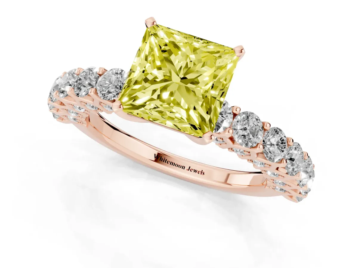 Fancy Yellow Princess Cut Diamond Solitaire Ring with Shared Prong Pavé Band and Four-Prong Setting Rose gold