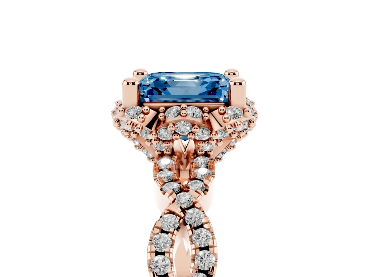 Fancy Blue Asscher Cut Halo Twist Band Solitaire Ring with Six-Prong Setting Rose gold