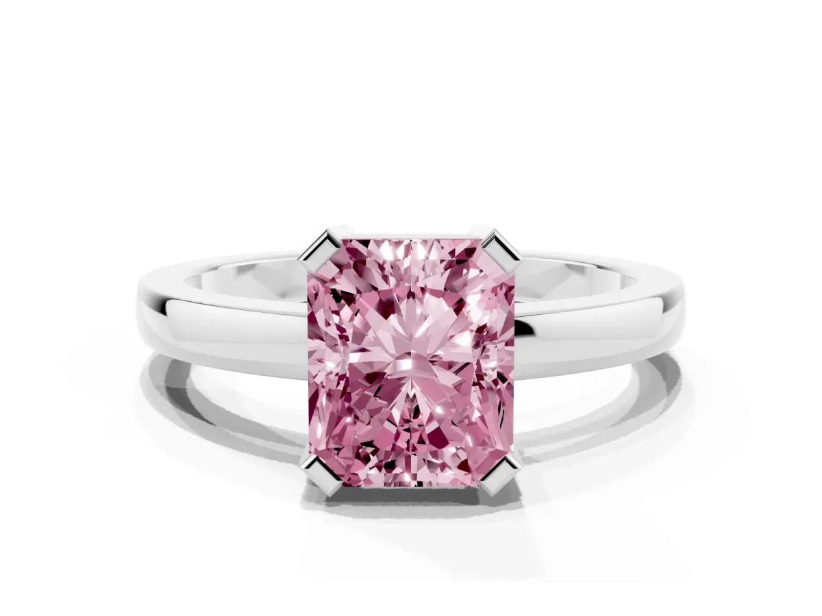 Fancy Pink Radiant Cut Cut Solitaire Ring with Four-Prong Setting and Classic Band Silver
