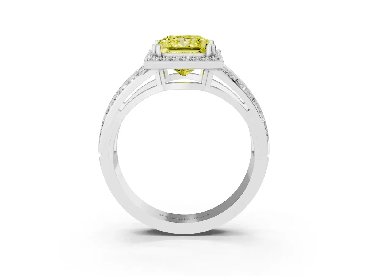 Fancy Yellow Princess Cut Diamond Halo Ring with Split Shank Pavé Band and Four-Prong Setting Platinum