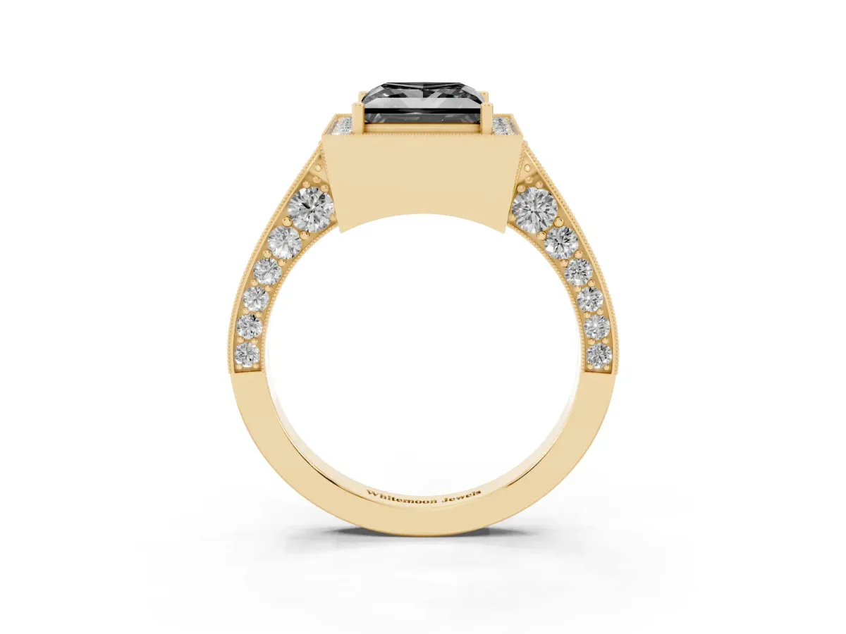 Fancy Black Princess Cut Halo Diamond Engagement Ring with Split Shank Band and Four-Prong Setting Yellow gold