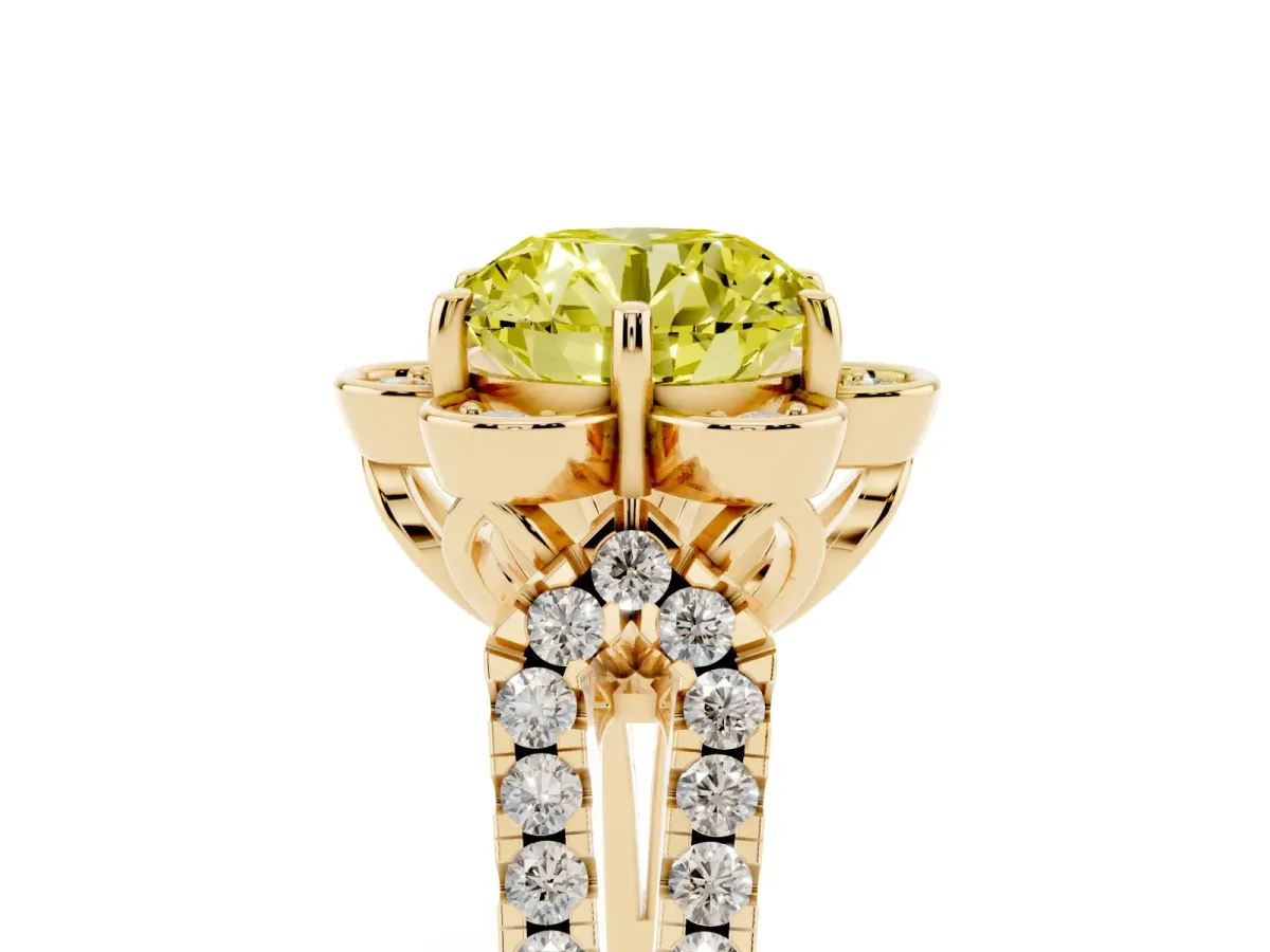 Fancy Yellow Round Cut Halo Diamond Floral Split Shank Engagement Ring Yellow gold