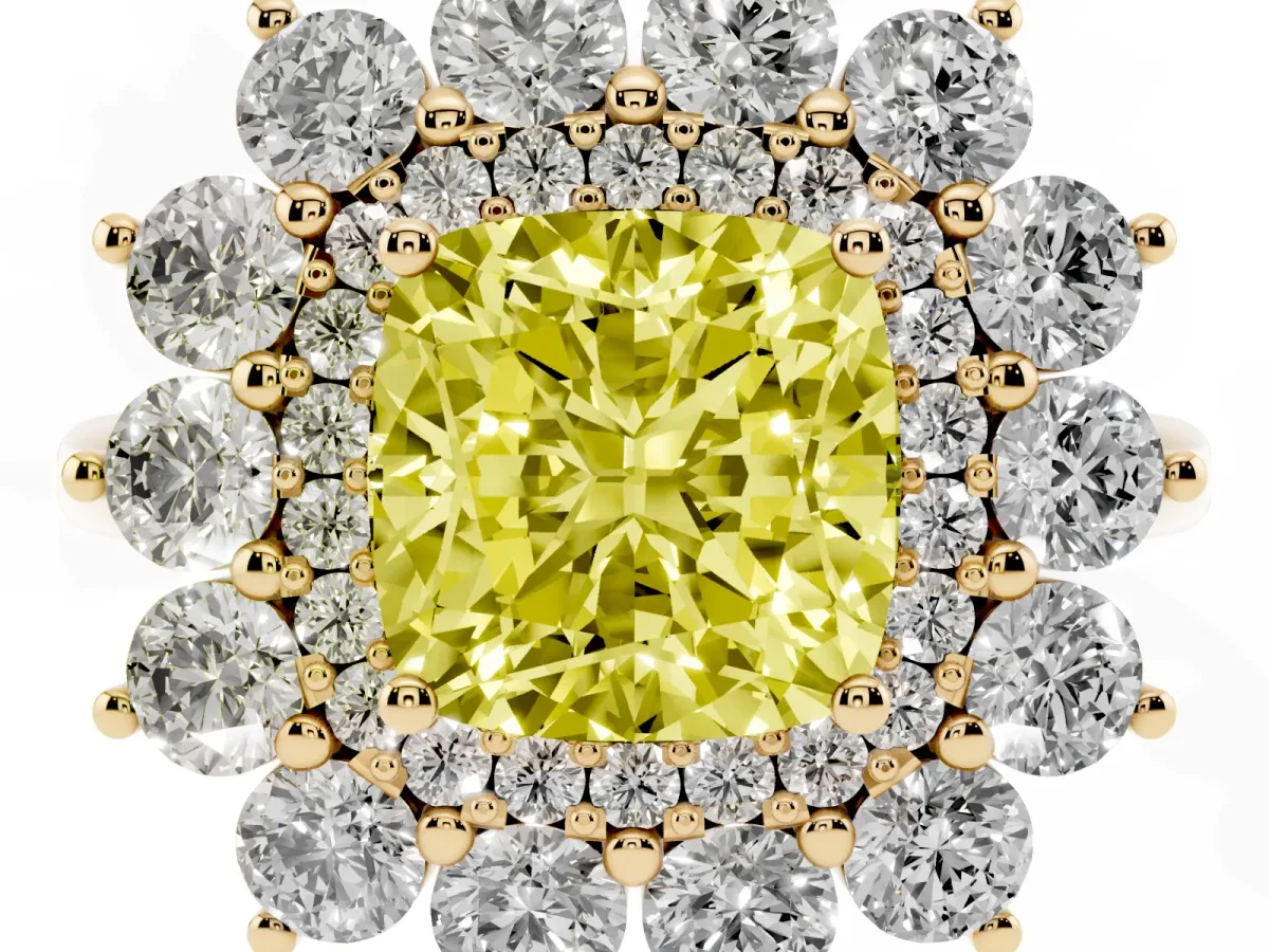 Fancy Yellow Cushion Cut Diamond Floral Double Halo Engagement Ring with Prong Setting Yellow gold