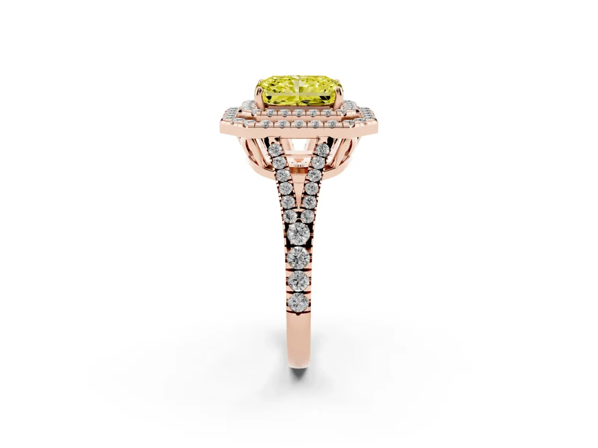 Fancy Yellow Radiant Cut Diamond Double Halo Ring with Pavé Band and Prong Setting Rose gold