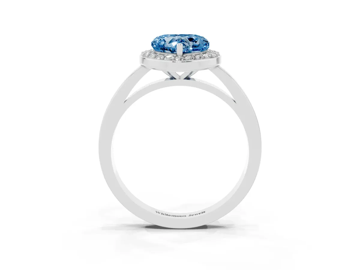 Fancy Blue Heart Cut Halo Diamond Ring with Solitaire Band and Prong Setting Silver