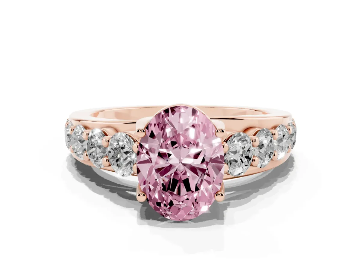 Fancy Pink Oval Cut Diamond Engagement Ring with Pavé Band and Four-Prong Setting Rose gold