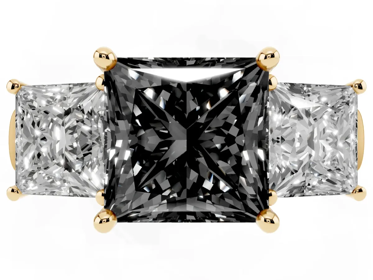 Fancy Black Three-Stone Princess Cut Brilliant Diamond Trellis Ring with Comfort Fit Band Yellow gold