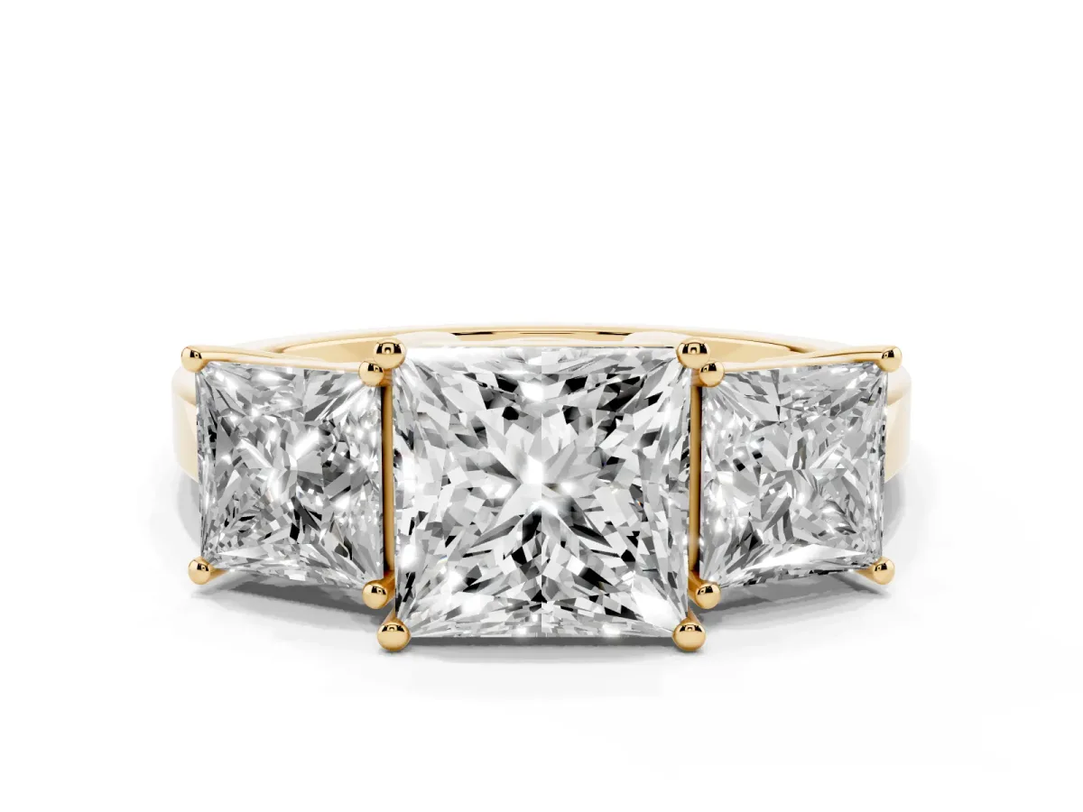 Three-Stone Princess Cut Cut Diamond Engagement Ring with Flat Band and Four-Prong Setting Yellow gold