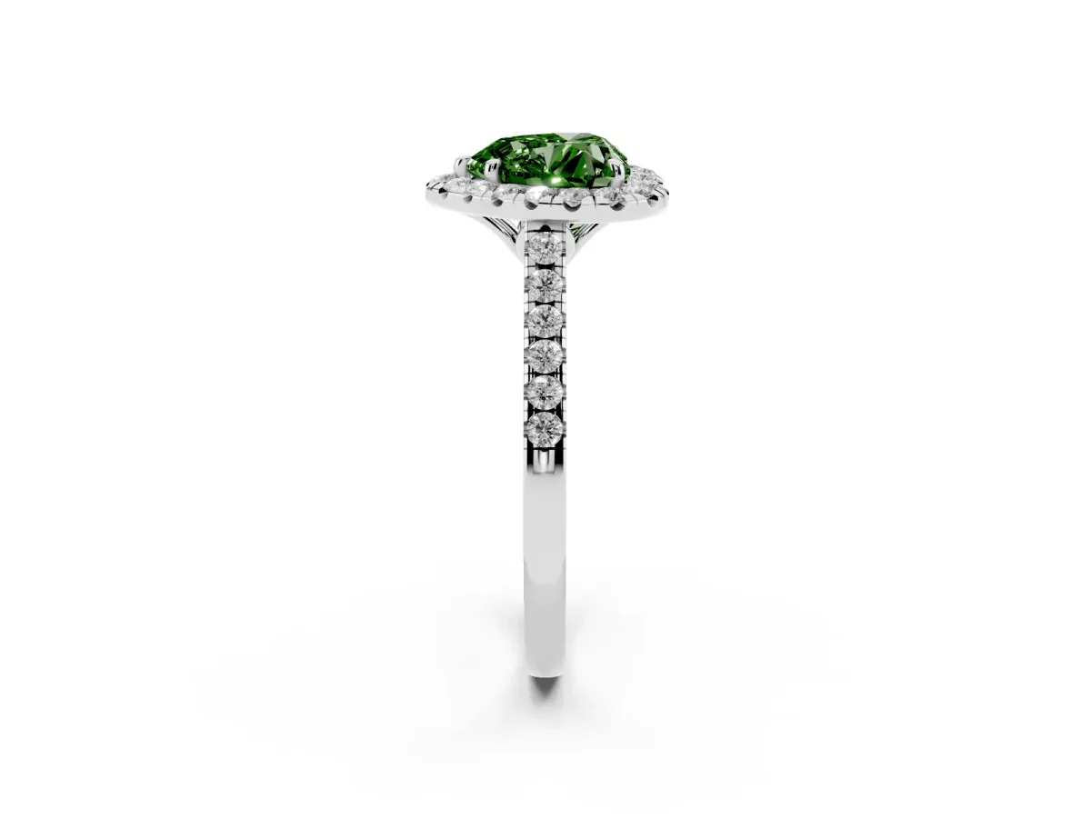 Fancy Green Heart Cut Halo Pavé Diamond Engagement Ring with Four-Prong Setting Silver