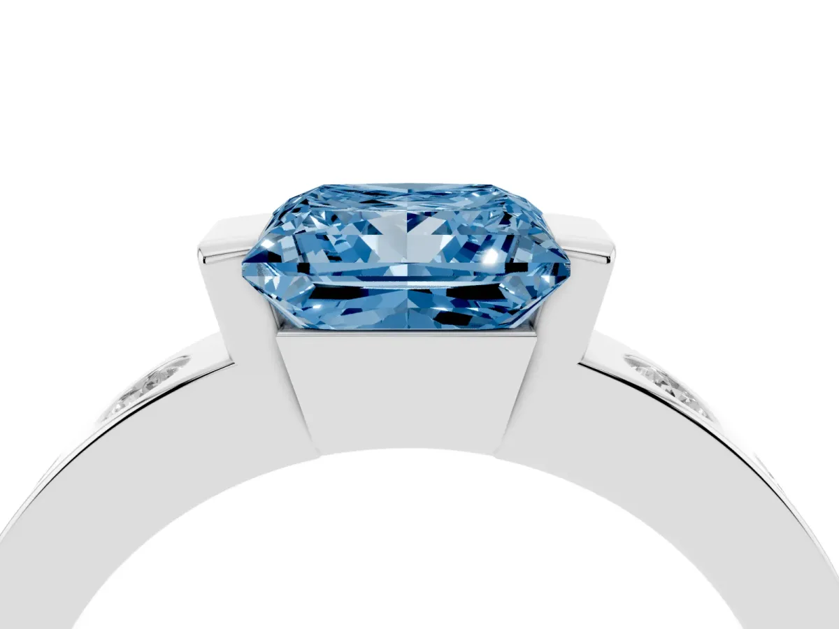Fancy Blue Princess Cut Brilliant Channel-Set Diamond Ring with Bezel Prong Setting Silver