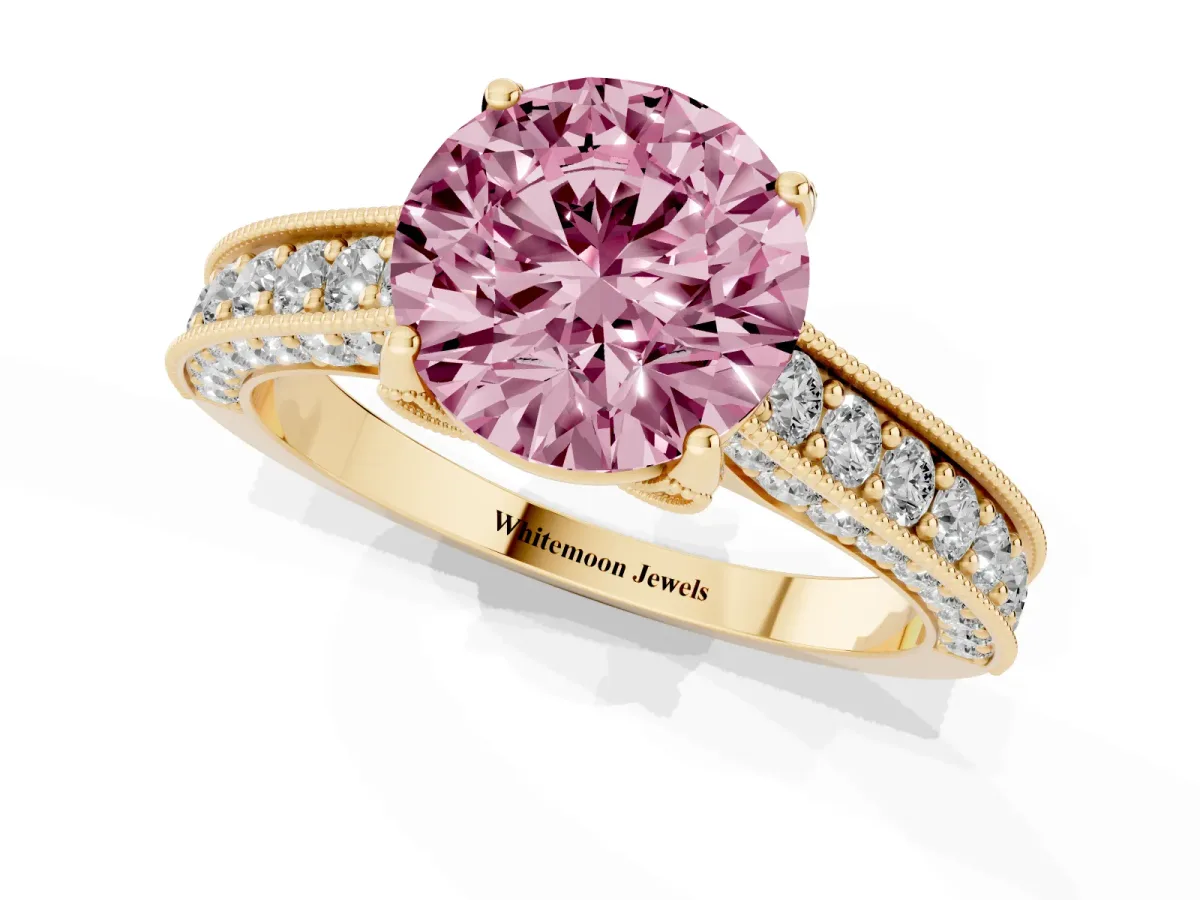 Fancy Pink Round Cut Cut Diamond Solitaire Ring with Milgrain Pave Band and Four Prong Setting Yellow gold