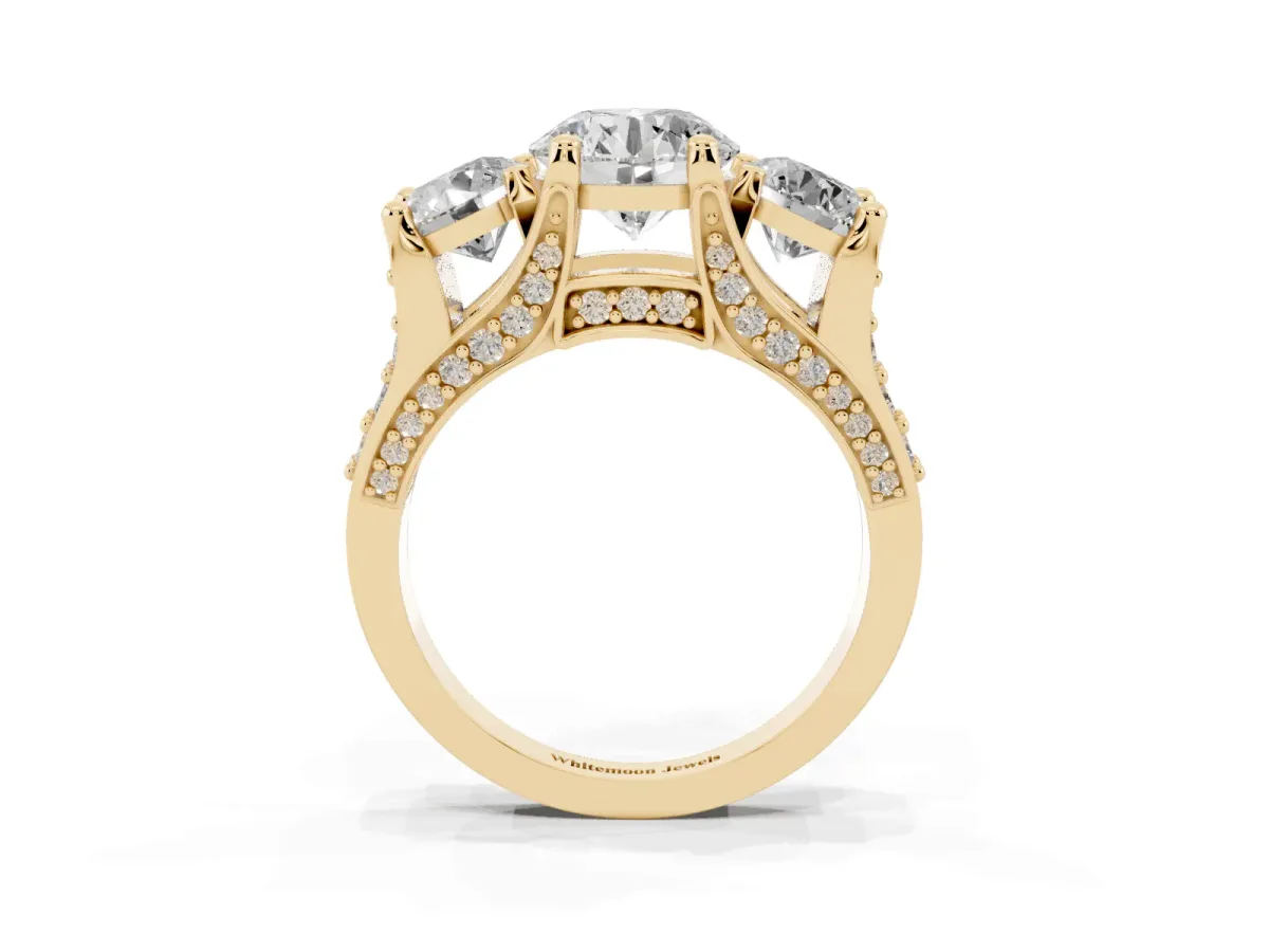 Round Cut Diamond Three-Stone Ring with Channel Set Band and Four-Prong Setting Yellow gold