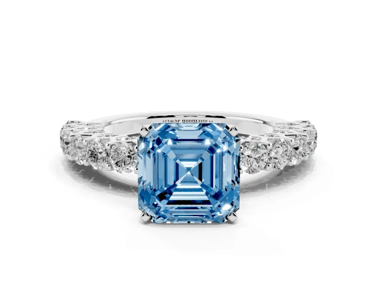 Fancy Blue Asscher Cut Diamond Solitaire Ring with Shared Prong Pavé Band and Four-Prong Setting Silver