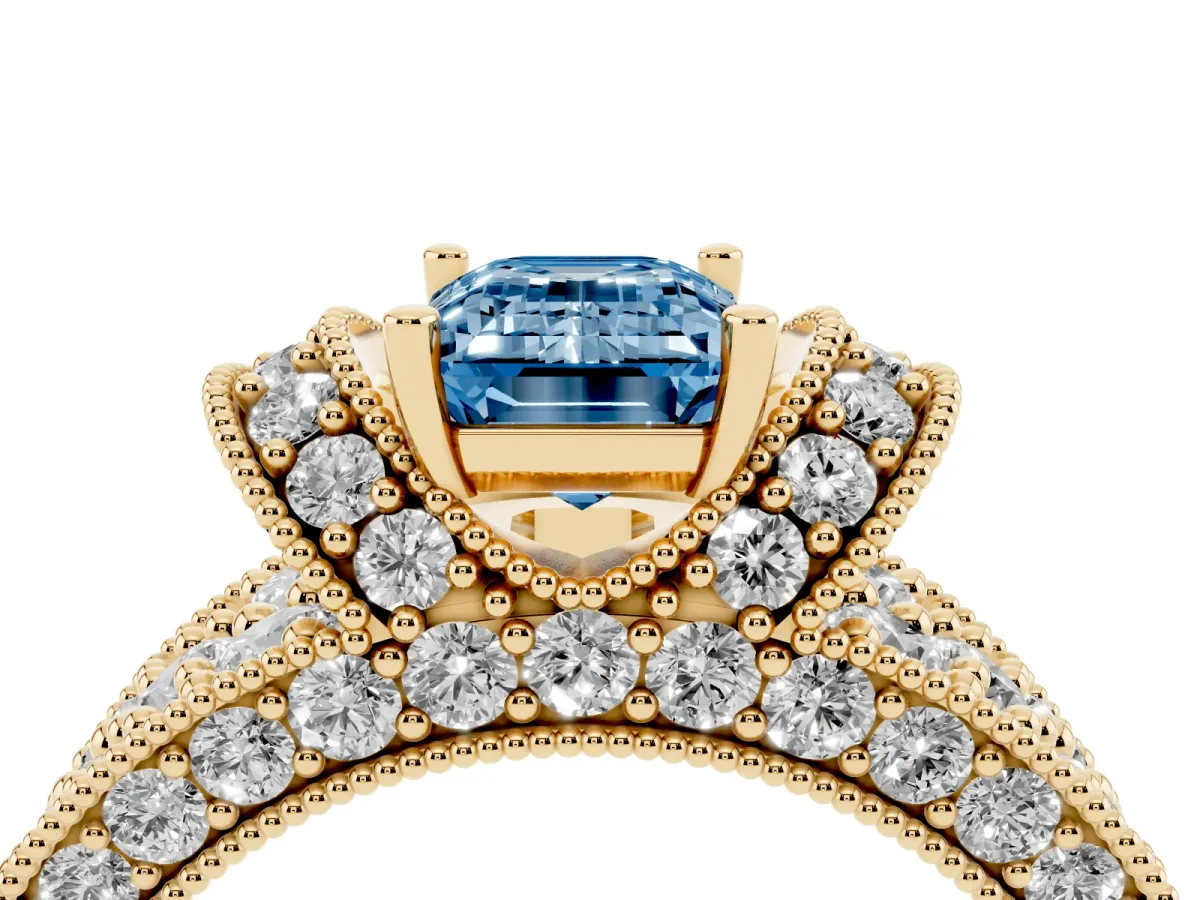 Fancy Blue Emerald Cut Halo Pave Diamond Engagement Ring with Milgrain Detailing Yellow gold