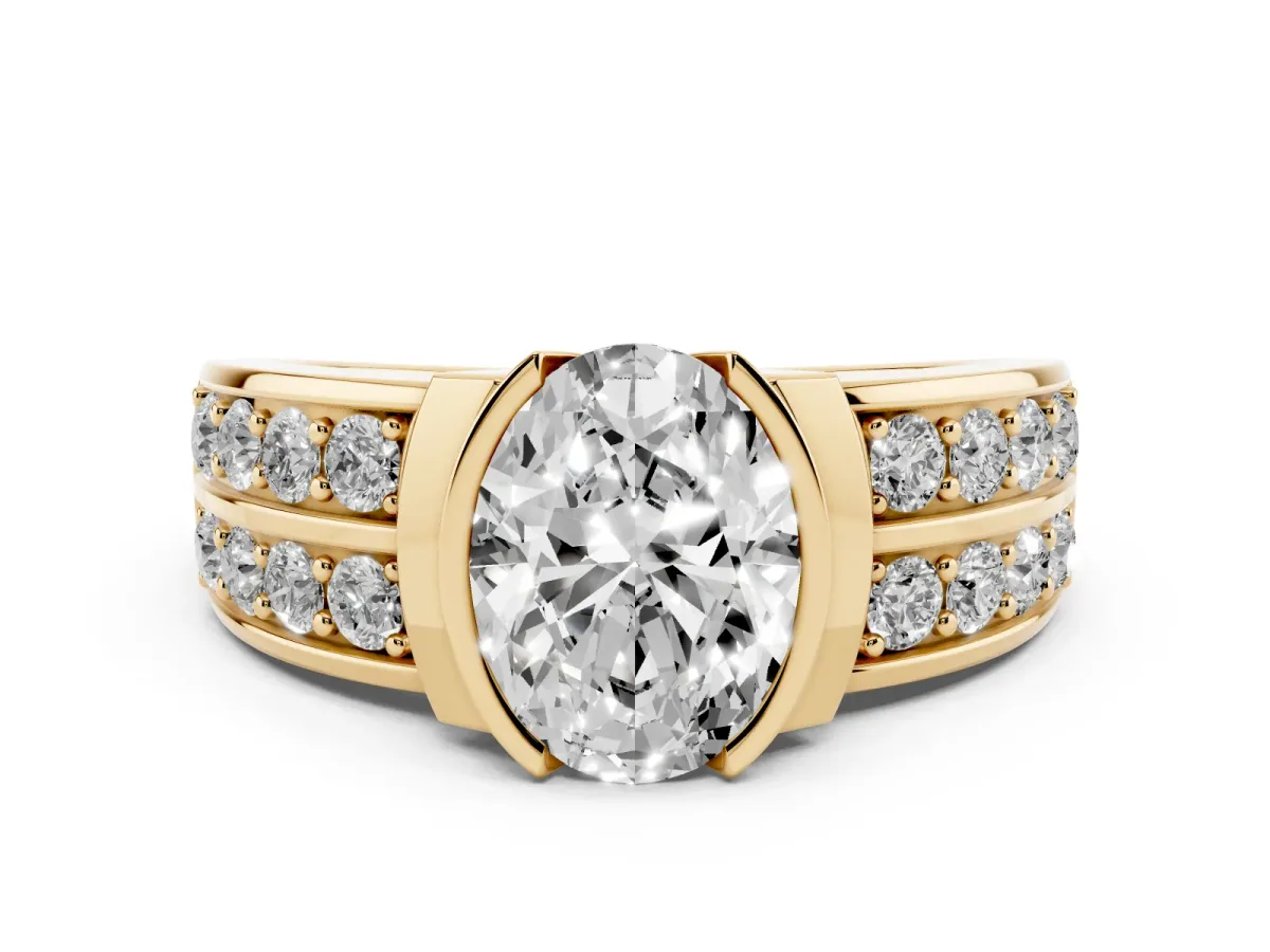 Oval Cut Brilliant Diamond Channel Set Wide Band Ring with Bezel Setting Yellow gold