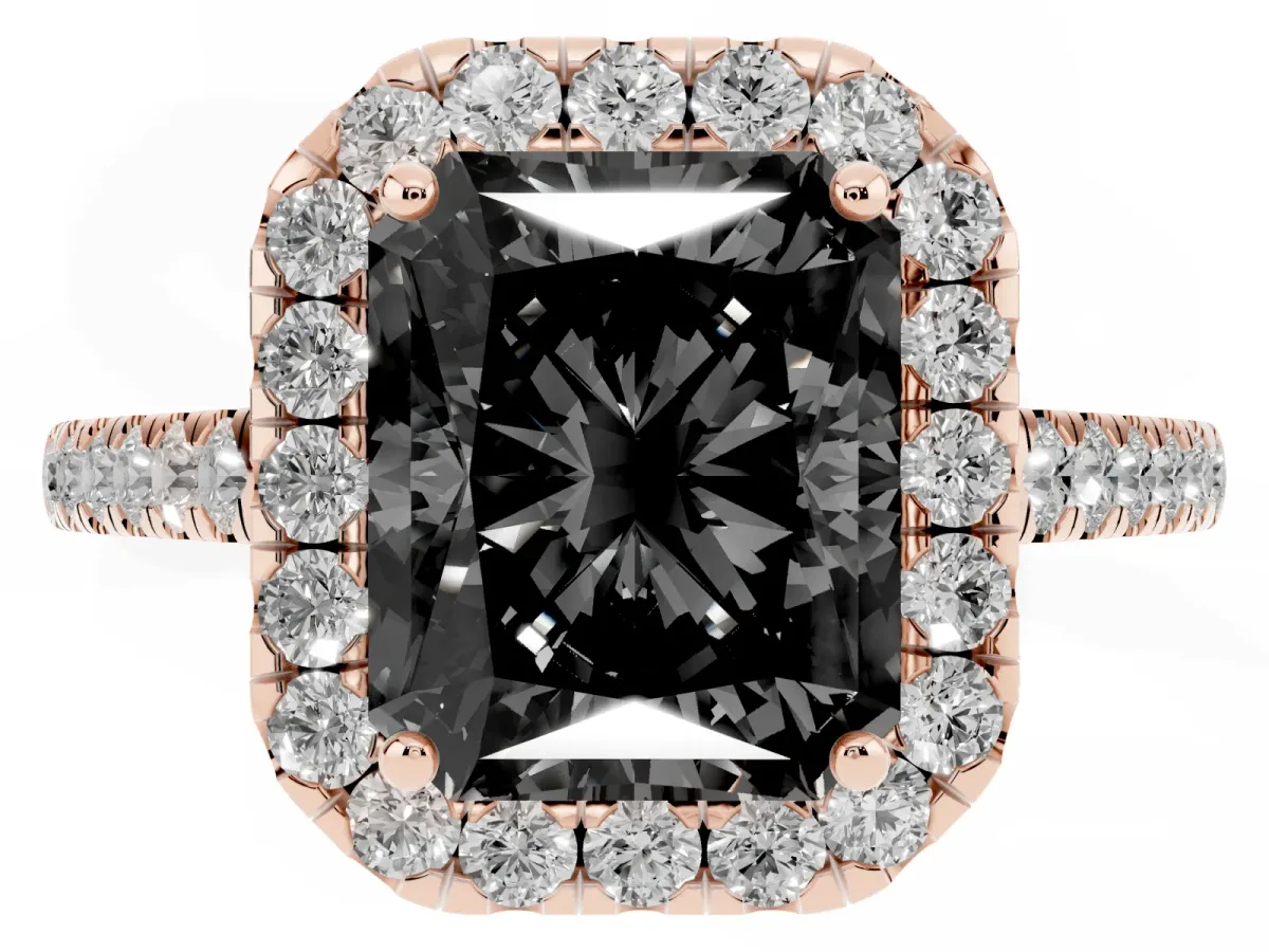 Fancy Black Radiant Cut Halo Pave Diamond Engagement Ring with Four-Prong Setting Rose gold