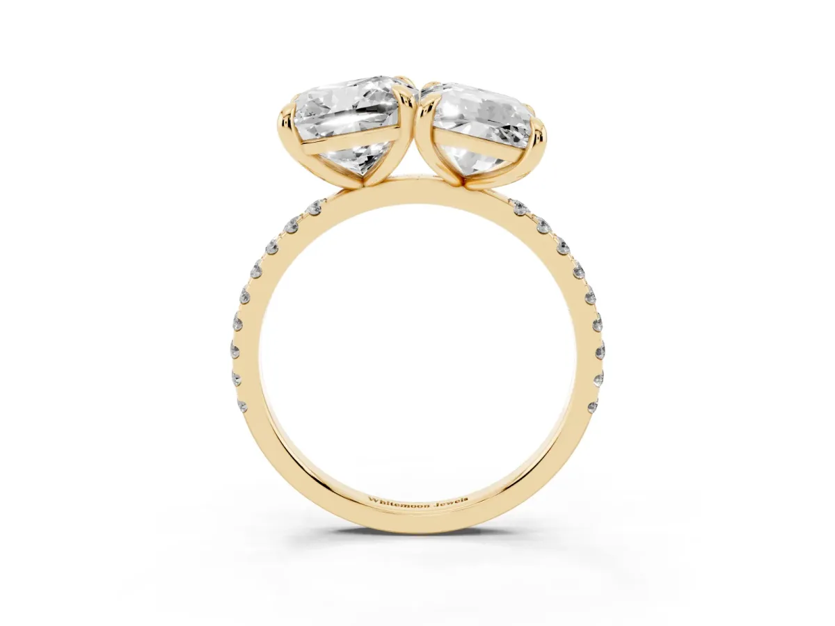 Cushion and Emerald Toi Moi Ring with Prong Setting and Micro Pave Band Yellow gold