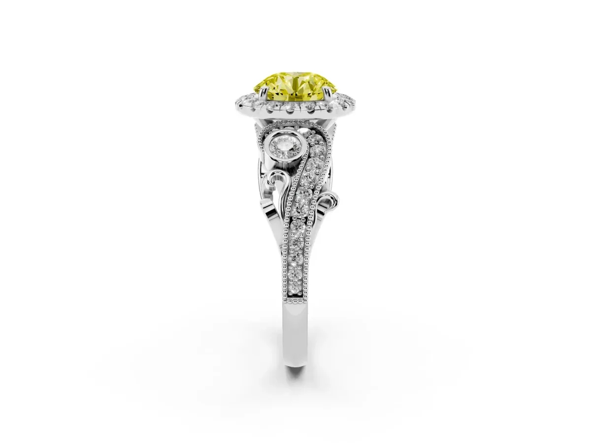 Fancy Yellow Round Cut Halo Diamond Ring with Milgrain and Bezel Accents on a Split Shank Band Silver