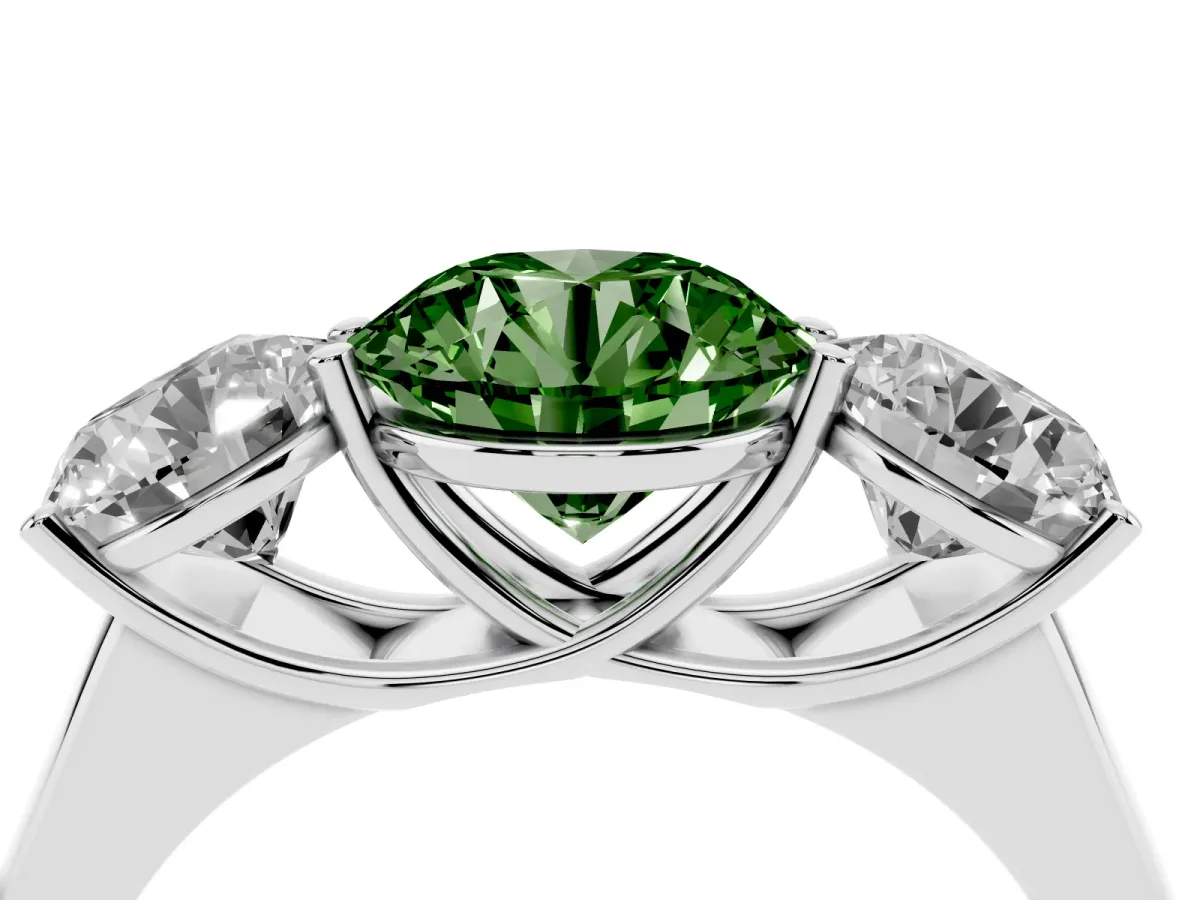 Fancy Green Round Cut Three-Stone Diamond Ring with Prong Setting on a Classic Band Silver