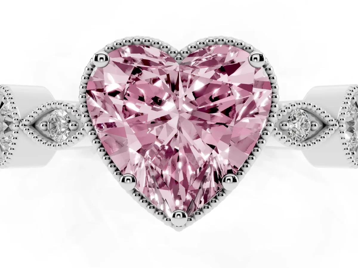 Fancy Pink Heart Cut Diamond Vintage Milgrain Ring with Round Stations Silver