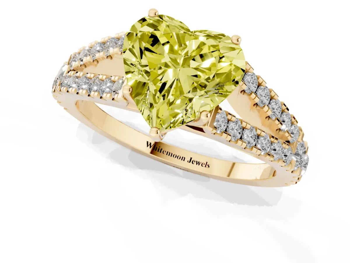 Fancy Yellow Heart Cut Diamond Split Shank Engagement Ring with Round Pavé and Prong Setting Yellow gold