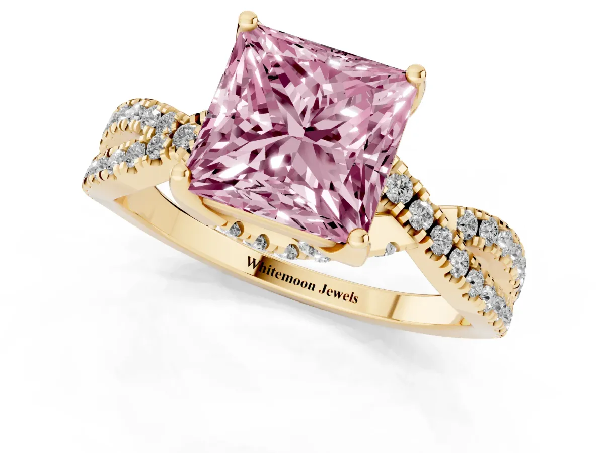 Fancy Pink Princess Cut Solitaire Twist Pave Diamond Engagement Ring with Prong Setting Yellow gold