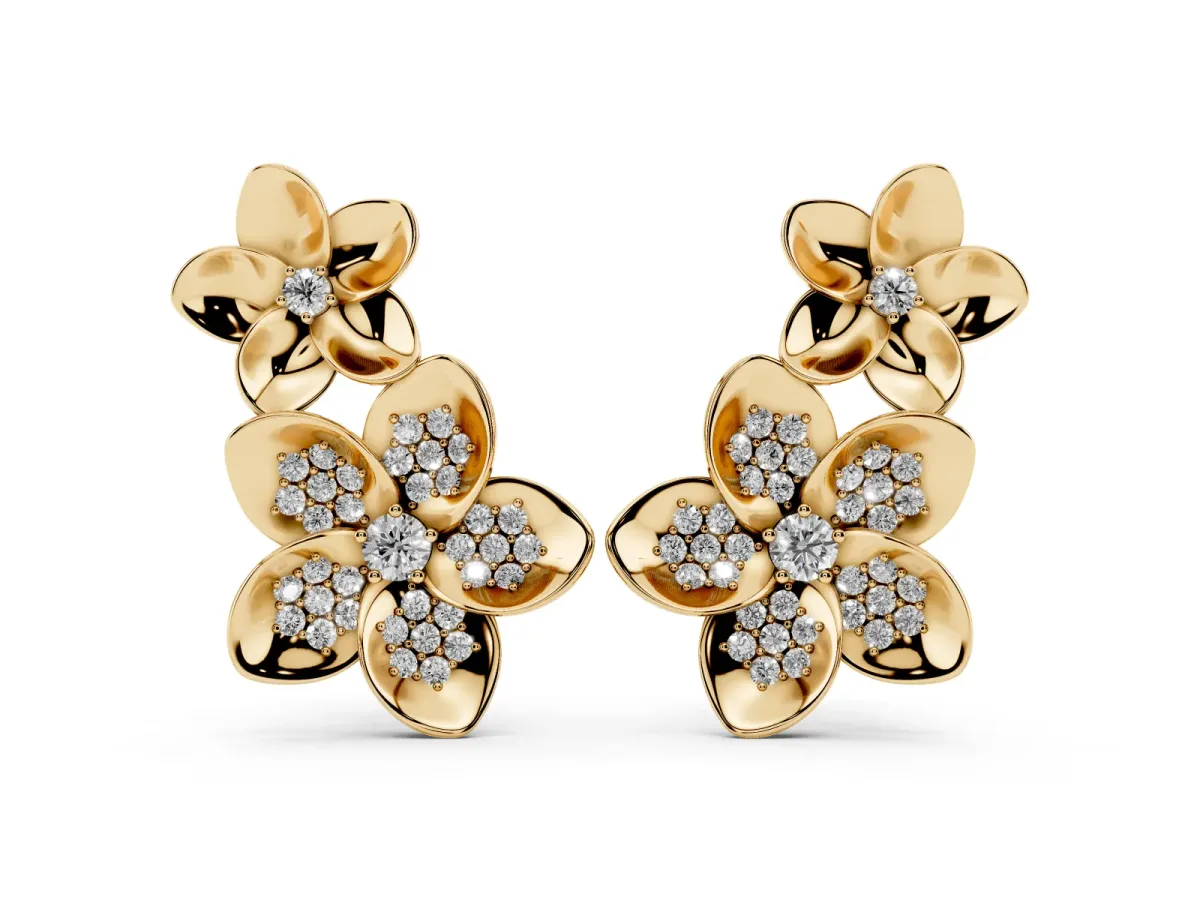 Round Diamond Plumeria Climber Earrings Yellow gold
