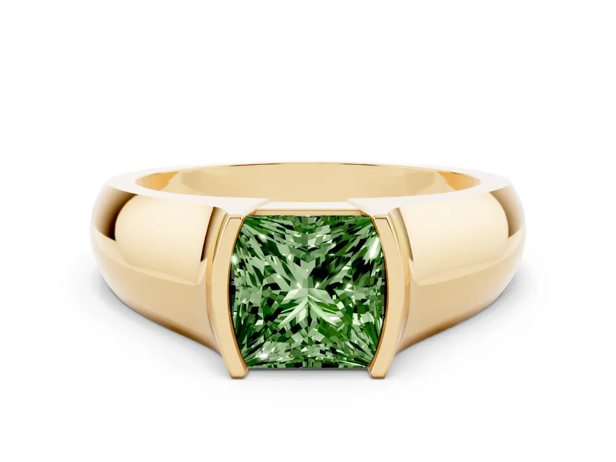 Fancy Green Princess Cut Solitaire Bezel Set Diamond Ring with Wide Band Yellow gold