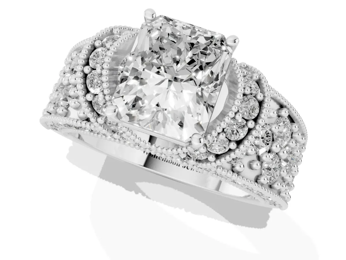 Radiant Cut Halo Pave Diamond Engagement Ring with Milgrain Detailing Platinum