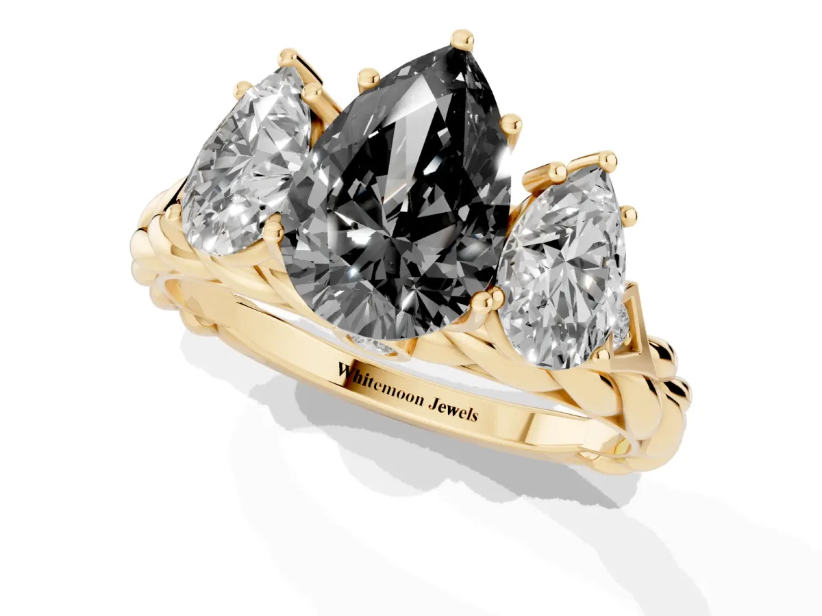 Fancy Black Three-Stone Pear Cut Diamond Braided Band Ring with Four-Prong Setting Yellow gold