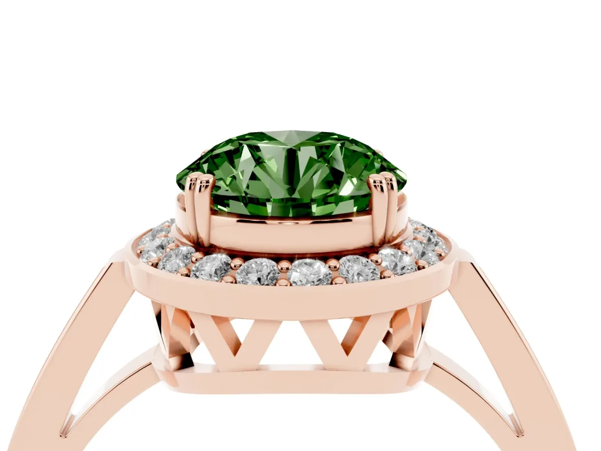Fancy Green Round Cut Diamond Halo Ring with Split Shank and Four-Prong Setting Rose gold