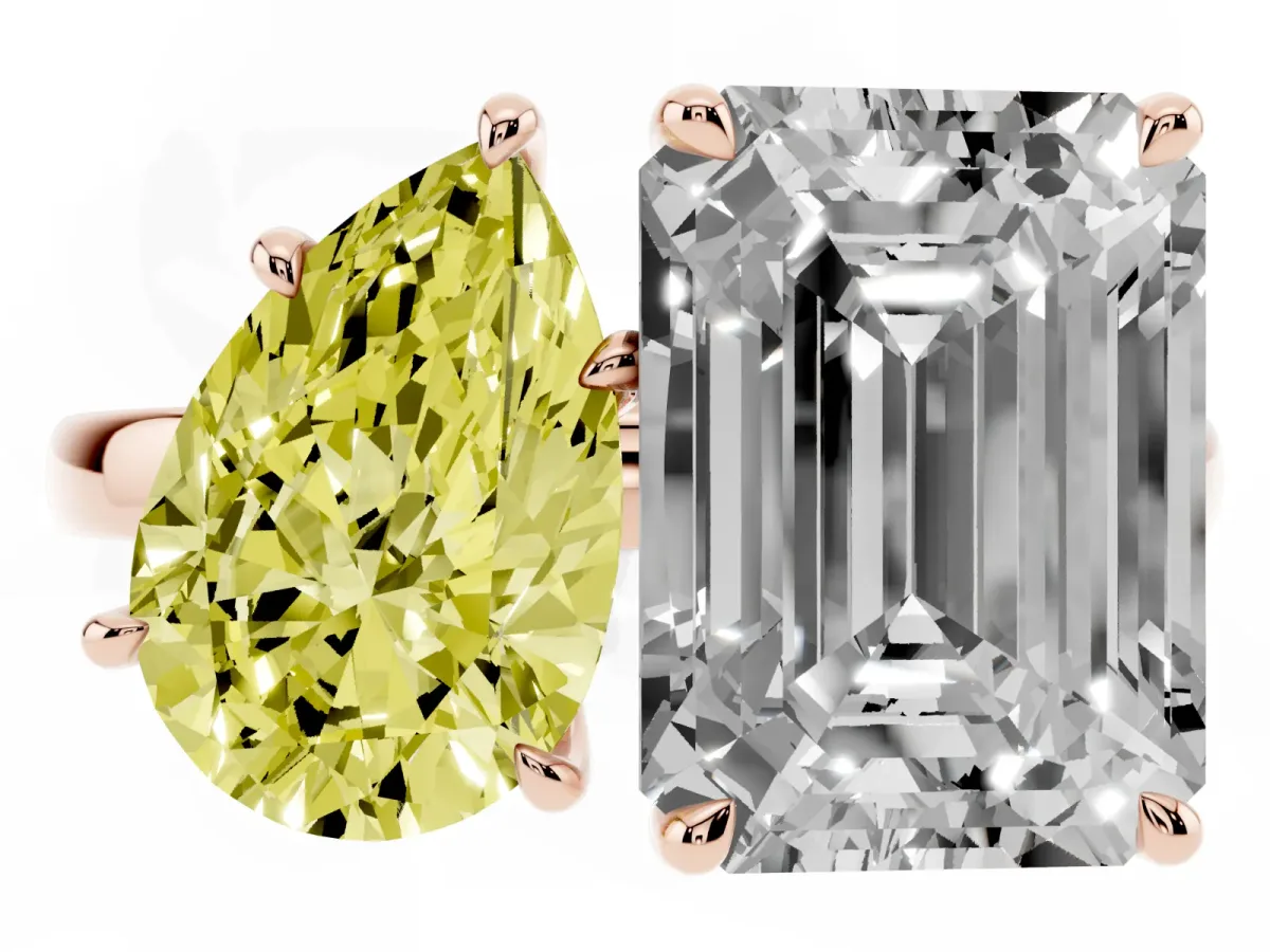 Fancy Yellow Pear Cut and Emerald Cut Toi Moi Ring with Prong Setting Rose gold
