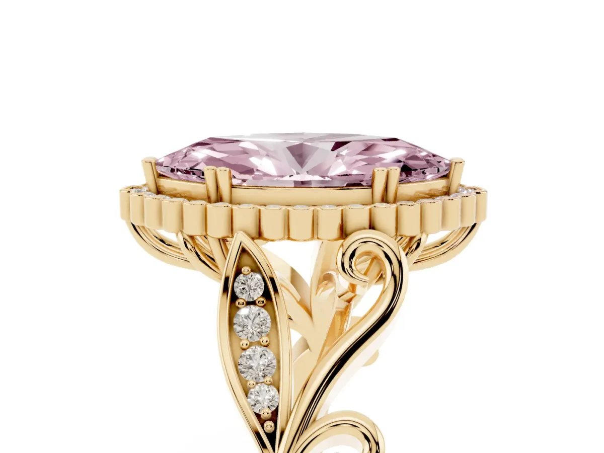 Fancy Pink Marquise Cut Diamond Halo Ring with Vintage Split Shank and Four-Prong Setting Yellow gold