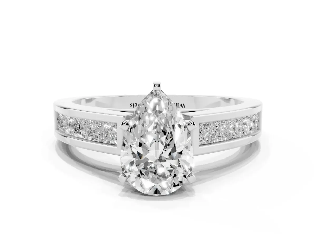 Pear Cut Solitaire Diamond Ring with Channel-Set Band and Four-Prong Setting Silver