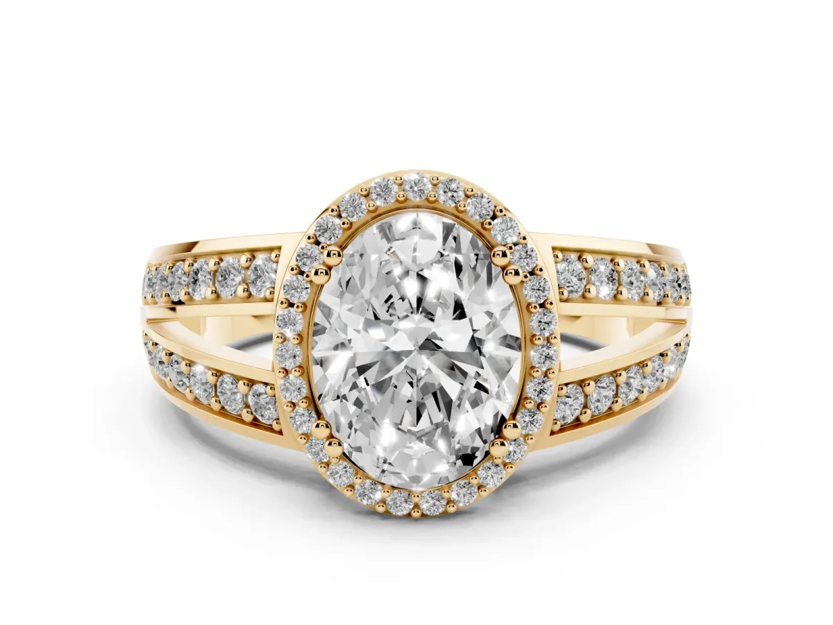 Oval Cut Diamond Halo Ring with Split Shank Pavé Band and Four-Prong Setting Yellow gold