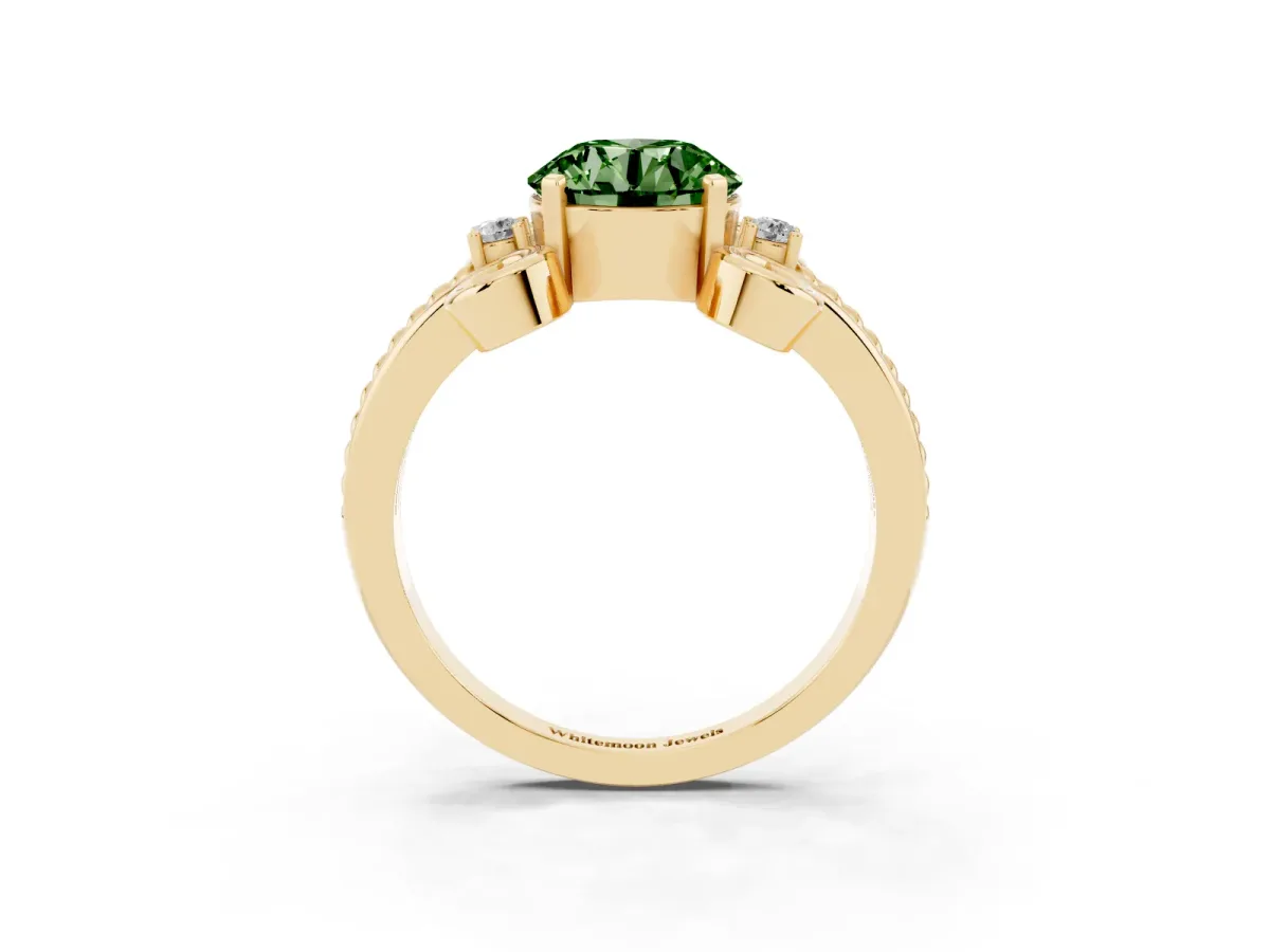 Fancy Green Round Cut Solitaire Twisted Band Scroll Prong Ring Yellow gold