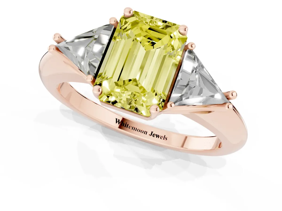 Fancy Yellow Three-Stone Emerald Cut Diamond Engagement Ring with Trillion Side Stones and Prong Setting Rose gold