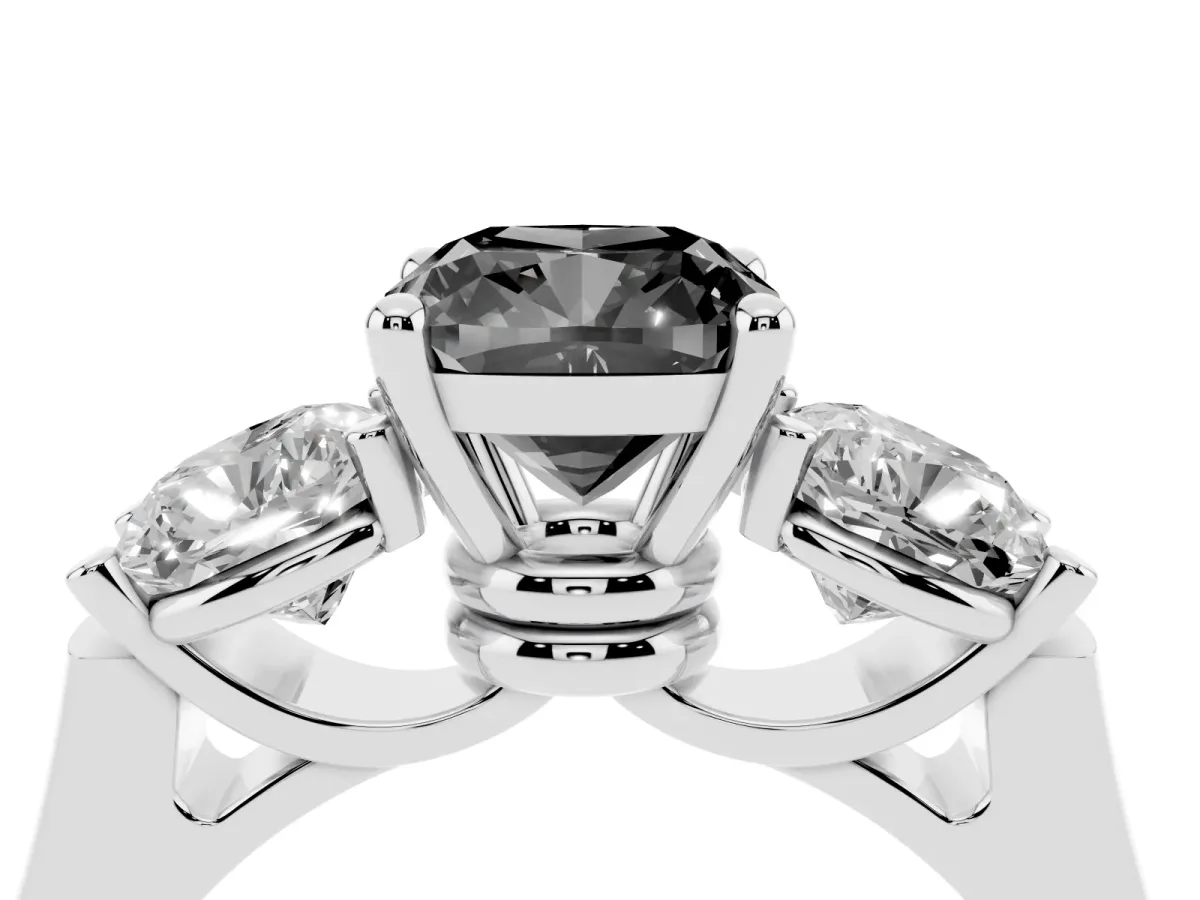 Fancy Black Three-Stone Cushion Cut Brilliant Diamond Trellis Ring with Comfort Fit Band Silver