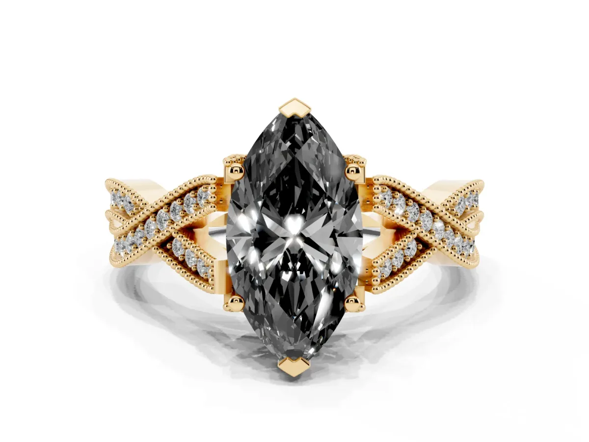 Fancy Black Marquise Cut Cut Diamond Twisted Band with Milgrain Pave Setting and Four-Prong Setting Yellow gold