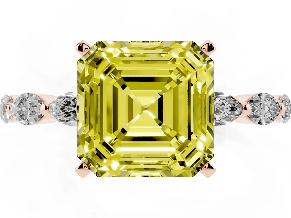 Fancy Yellow Asscher Cut Diamond Ring with Marquise Side Stones and Prong Setting Rose gold
