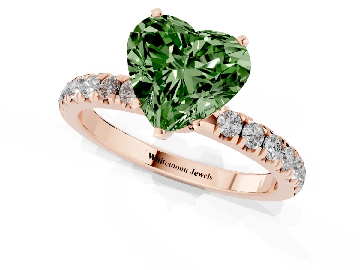 Fancy Green Heart Cut Diamond Solitaire Ring with Pavé Accents and Four-Prong Setting Rose gold