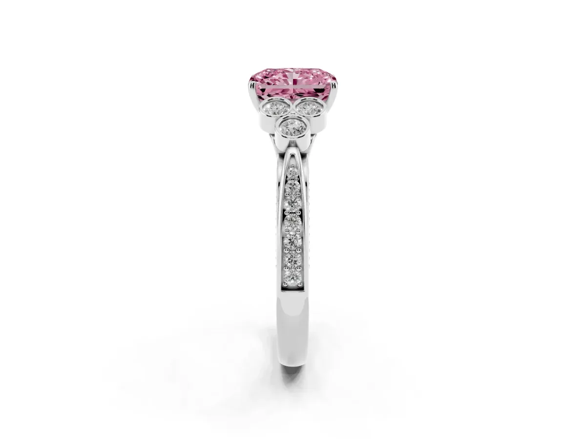 Fancy Pink Radiant Cut Cut Diamond Engagement Ring with Bezel Set Round Side Stones and Prong Setting Silver