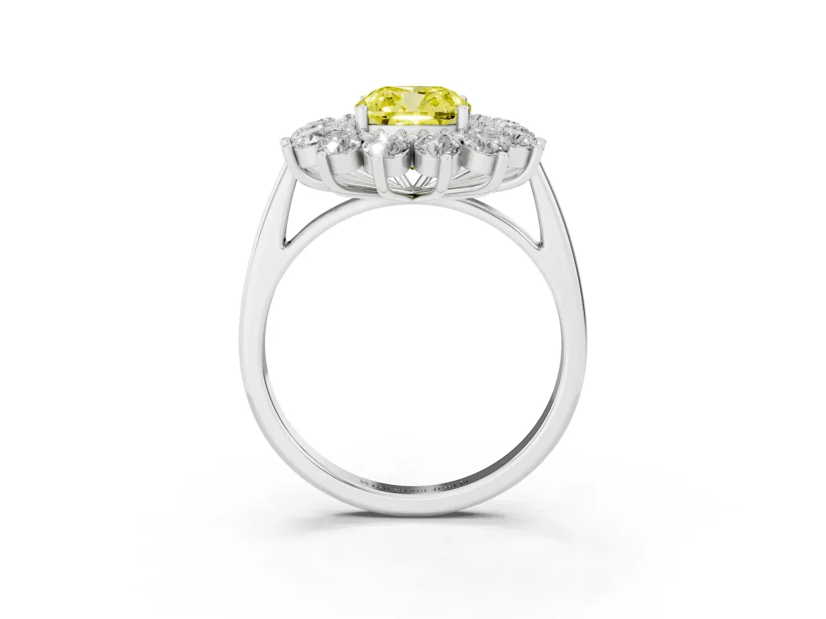 Fancy Yellow Cushion Cut Diamond Floral Double Halo Engagement Ring with Prong Setting White gold