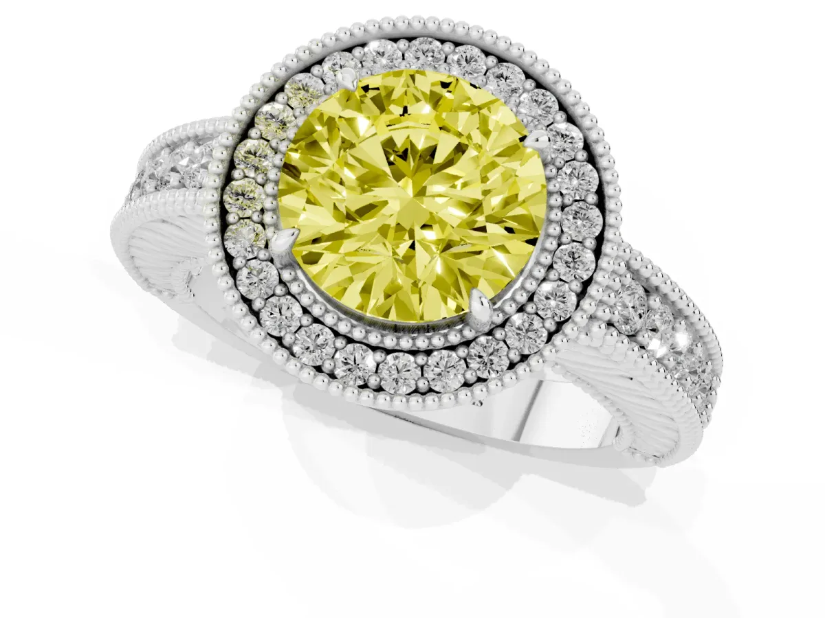 Fancy Yellow Round Cut Cut Halo Diamond Ring with Pavé Band and Four-Prong Setting Silver