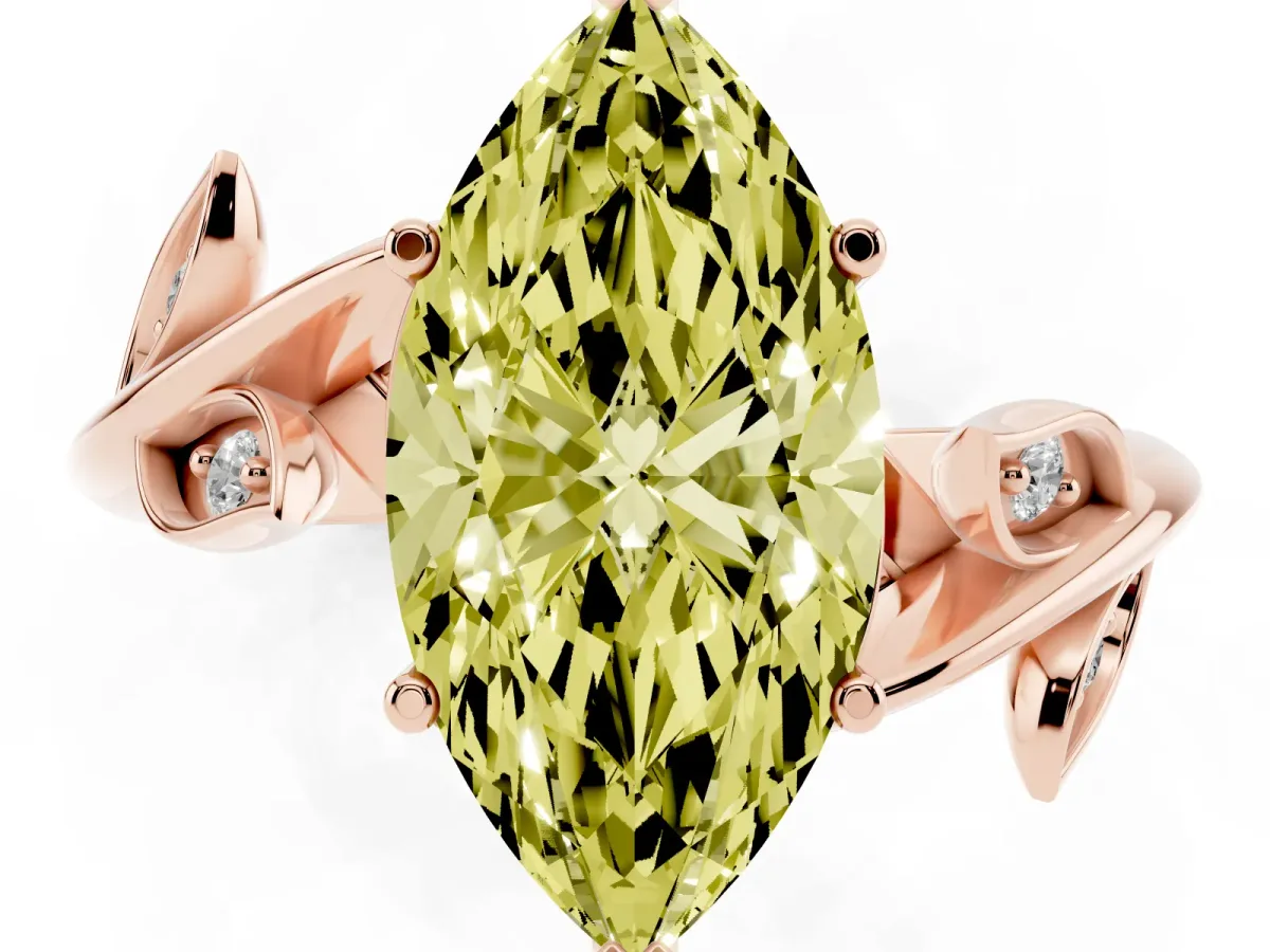 Fancy Yellow Marquise Cut Solitaire Twist Engagement Ring with Leaf Accents and Prong Setting Rose gold
