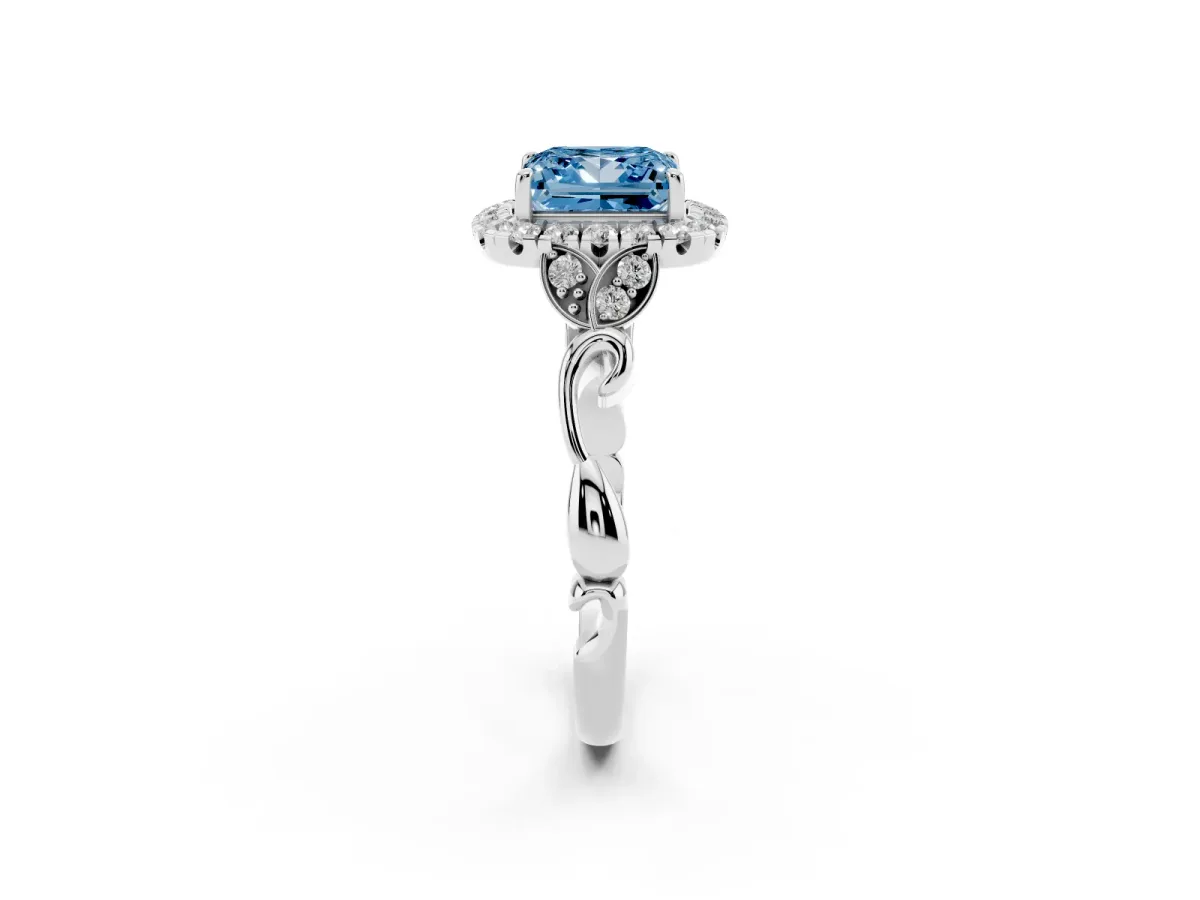Fancy Blue Princess Cut Halo Diamond Engagement Ring with Vintage-Inspired Band and Four-Prong Setting Silver