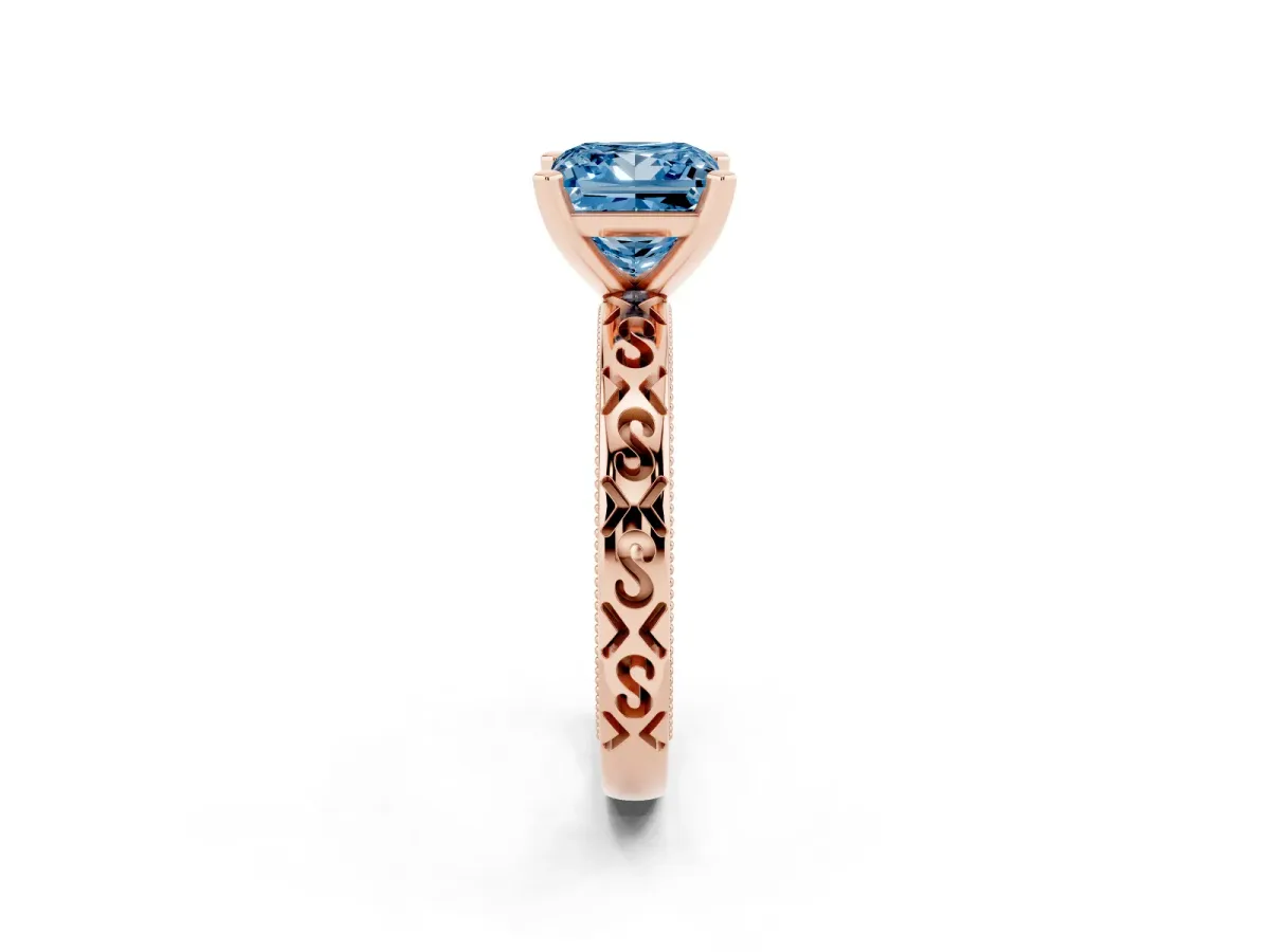 Fancy Blue Princess Cut Solitaire Engagement Ring with Scrollwork Band and Four-Prong Setting Rose gold